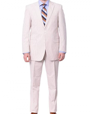 Emigre Classic Fit Tan Pinstriped Two Button Cotton Seersucker Suit