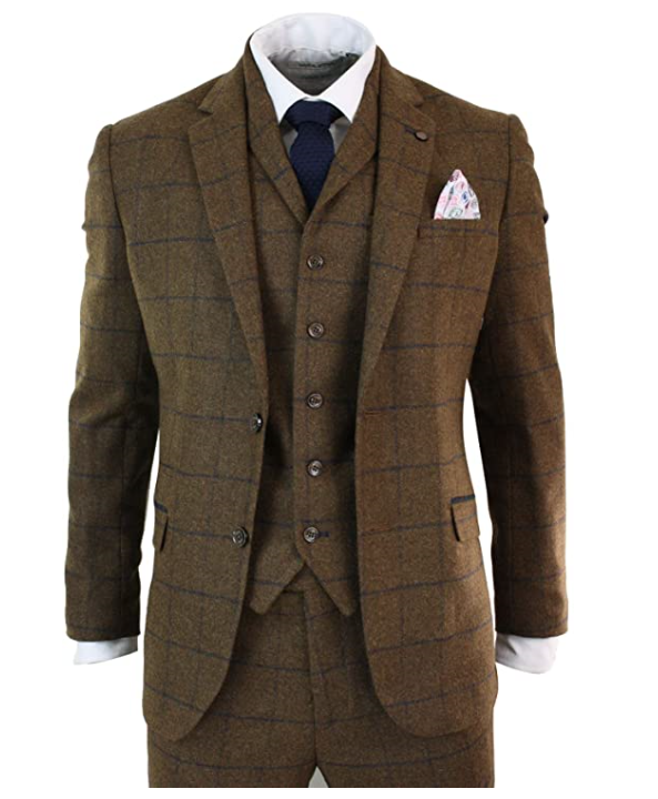 CAVANI Mens Herringbone Tweed Tan Brown Check 3 Piece Wool Suit - The ...